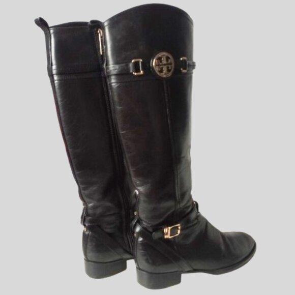 TORY BURCH LOGO CALISTA BLACK LEATHER KNEE HIGH EQUESTRIAN RIDING BOOTS 7.5 - Picture 3 of 10